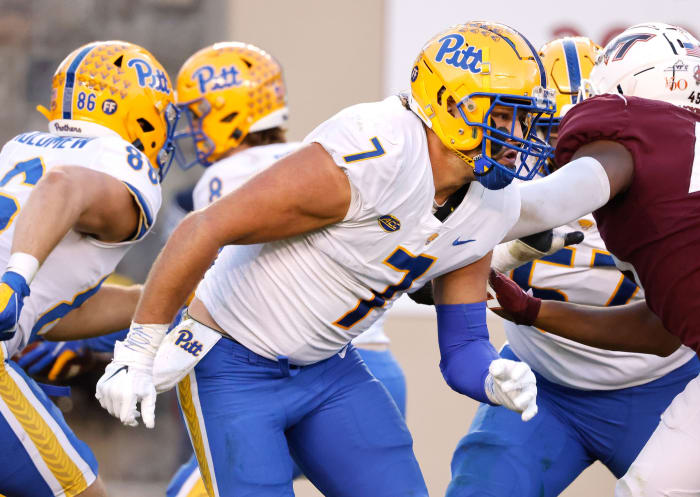 Former Pitt Panthers tight end Lucas Krull (7) runs a play against Virginia Tech. Mandatory Credit: Reinhold Matay-USA TODAY Sports